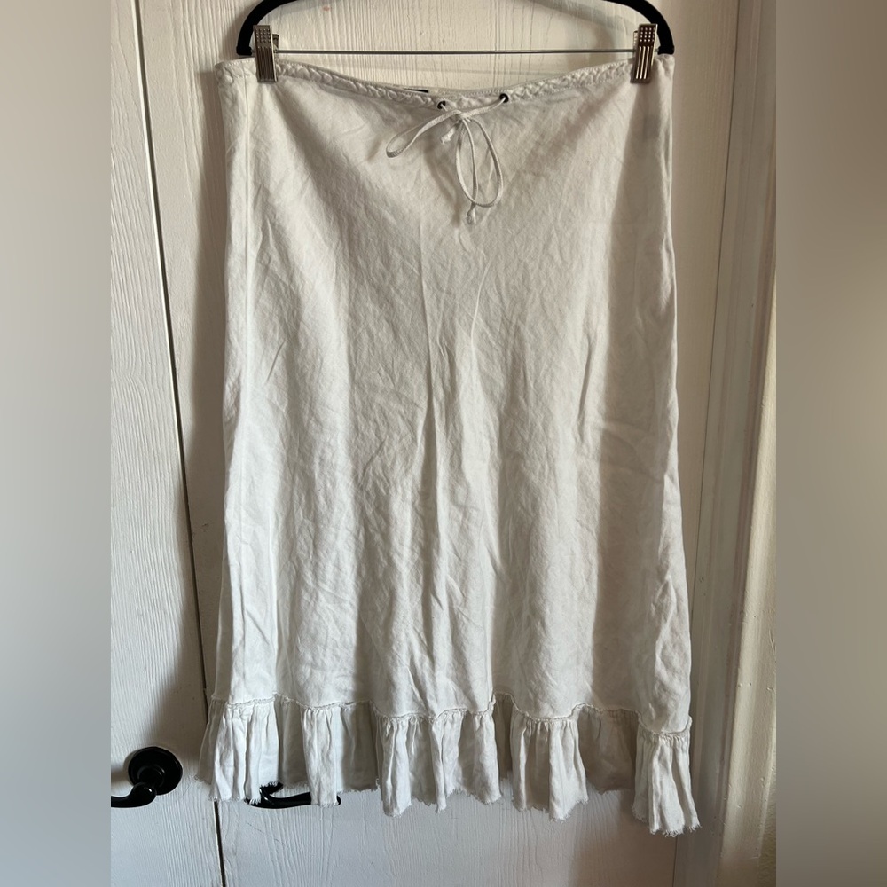 J Crew White Linen Ruffled Hem Midi Skirt Size L Coquette Boho